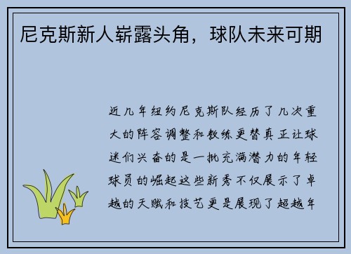 尼克斯新人崭露头角，球队未来可期